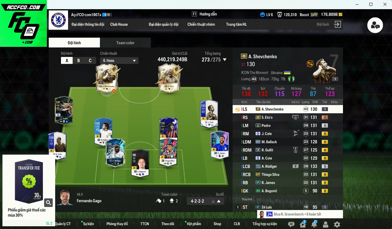 Chelsea 440.210b có Eto ITM+2, Rudiger 25TS, Gullit LN, J. Cole CFA, Pedro LE, Sheva ITM khóa, R. James SPL, Ballack EBS, Thiago Silva BTB. HLV Xịn